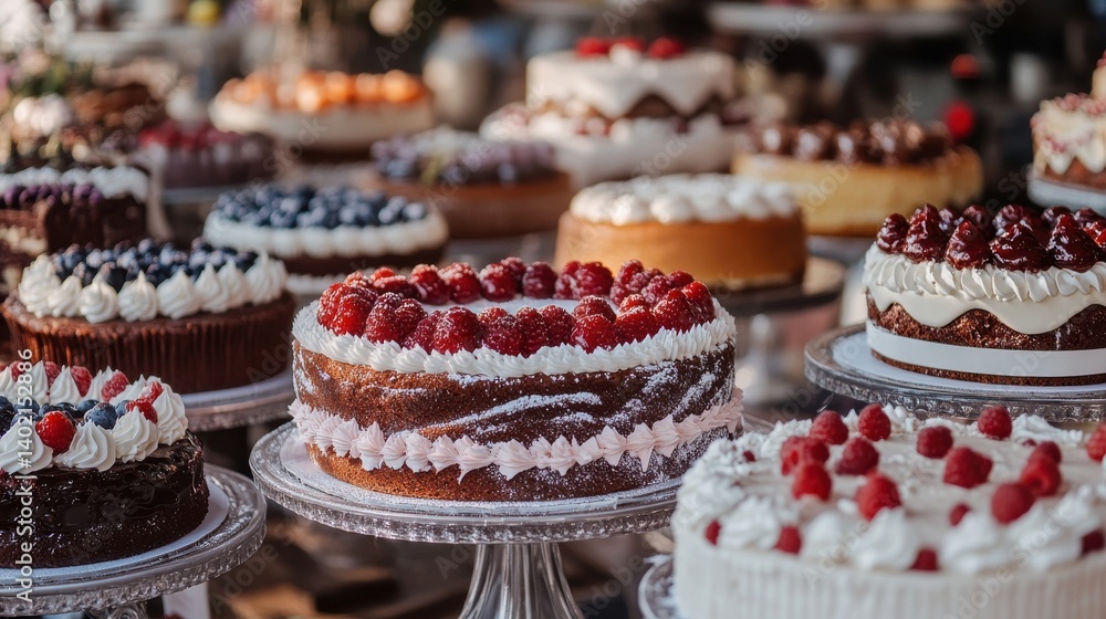 A display of various decorated cakes in a bakery or pastry shop. A display of various decorated cakes in a bakery or pastry shop.