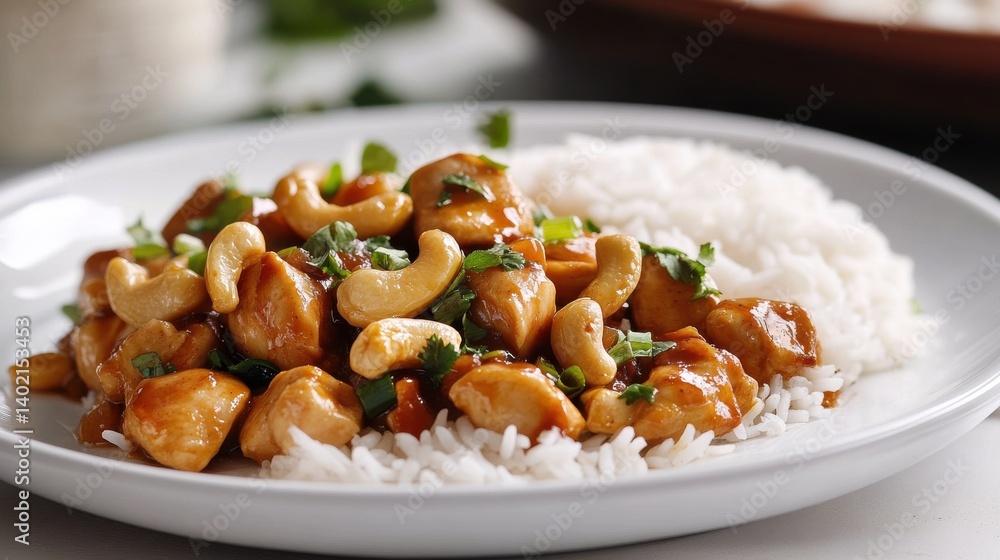 Chicken and cashew with rice, presented on a plate. Chicken and cashew with rice, presented on a plate.