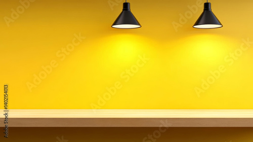 Bright yellow wall with two black pendant lights illuminating wooden shelf
