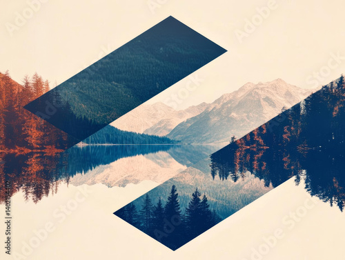 serene landscape featuring mountains and lake, enhanced with geometric shapes, evokes