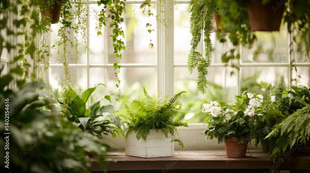 Fototapeta premium serene indoor garden filled with lush greenery and vibrant plants, creating peaceful atmosphere