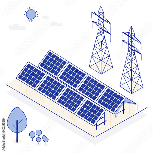 Clean Energy Solar Power Farm Isometric Vector Design
