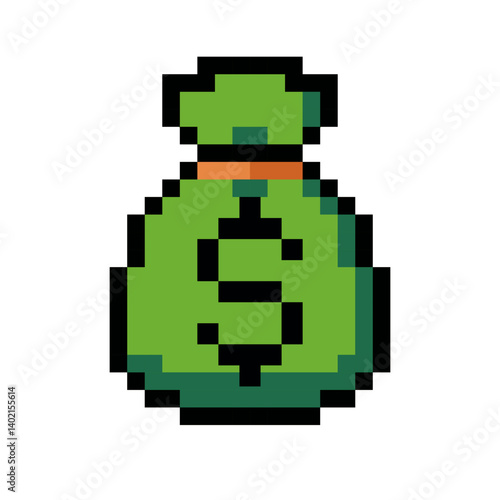 Pixel art icon of green money bag in retro style. Ideal for retro-themed games, dashboards, presentations, or financial apps. Isolated on white background, perfect for UI elements and minimalist game