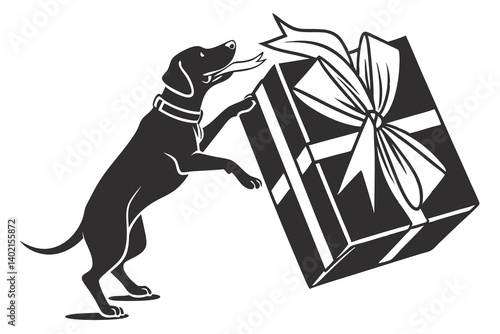 Cute cartoon illustration of a girl, woman, and man with bags, alongside a black dog silhouette
