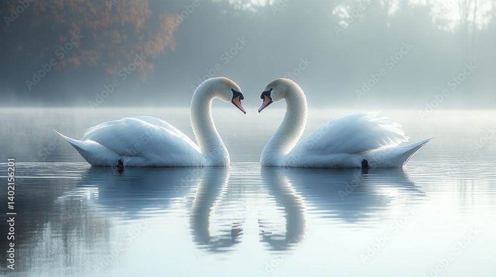 Fototapeta premium Two swans in love, reflecting on a misty lake