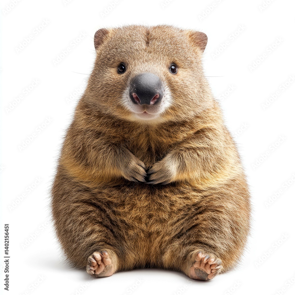 Fototapeta premium Adorable Fluffy Wombat Sitting on White Background: A Captivating Portrait of Australian Wildlife