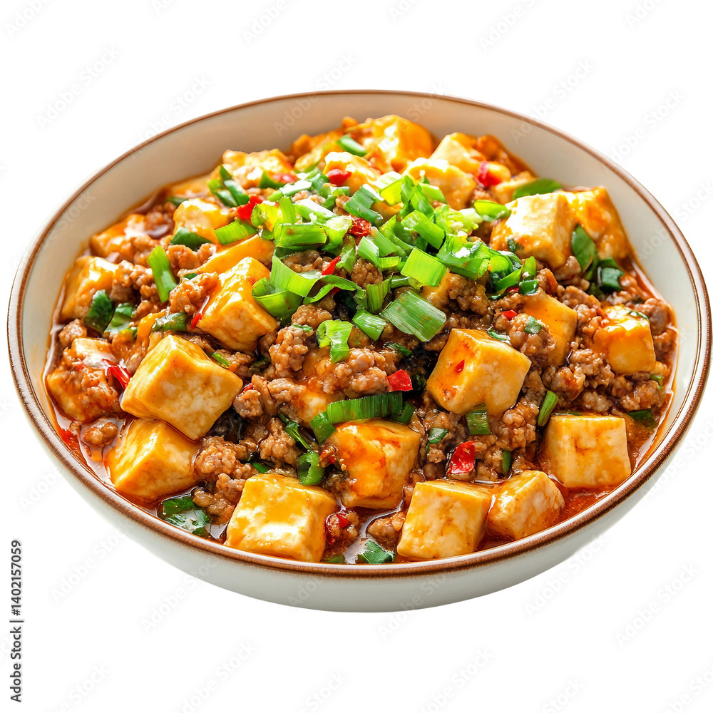 Ma po dou fu spicy tofu and minced meat isolated on white and transparent background Ma po dou fu spicy tofu and minced meat isolated on white and transparent background