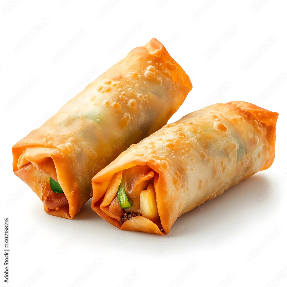 Golden and crispy egg rolls with a savory filling of vegetables and meat, isolated white background, hyperrealism art style Golden and crispy egg rolls with a savory filling of vegetables and meat, isolated white background, hyperrealism art style