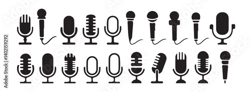 Microphone vector icons set. Different microphone collection.. Voice record on studio. Karaoke or radio icons. Vector Illustration 