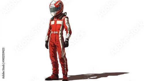 Race car driver in red suit and helmet.
