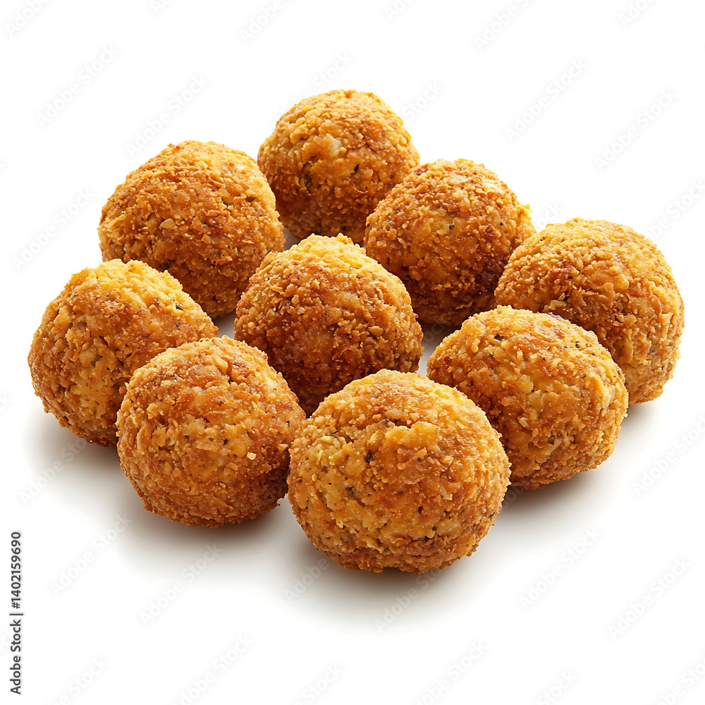 Golden and crispy falafel balls with a crunchy exterior and a soft, herb-filled interior, isolated white background Golden and crispy falafel balls with a crunchy exterior and a soft, herb-filled interior, isolated white background