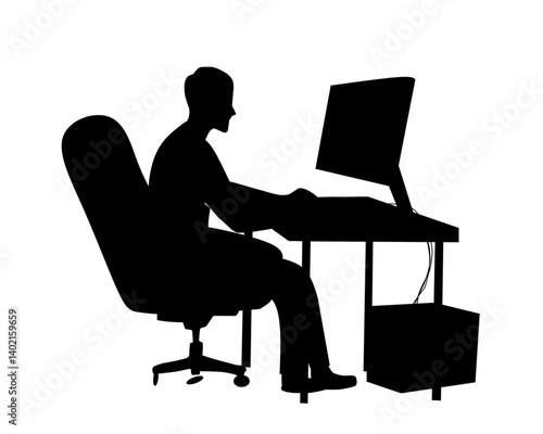 Silhouette of a man sitting on an office chair and working on a computer at a desk. The person is facing a monitor with a CPU unit placed underneath the desk. Concept of office work, remote work, free
