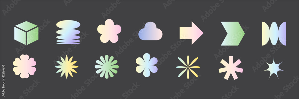 Abstract gradient geometric shape and forms set, elements on black background, vector illustration for banners, cards, social media, etc.