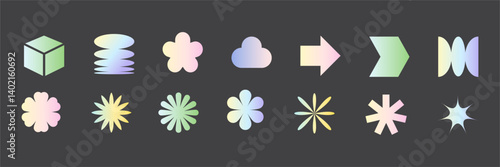 Abstract gradient geometric shape and forms set, elements on black background, vector illustration for banners, cards, social media, etc.