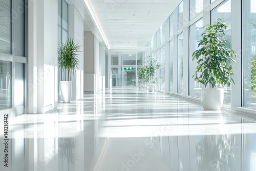 A bright  modern hallway with large windows  white walls  and potted plants