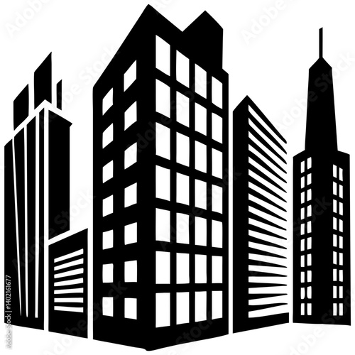 Black and white cityscape illustration of modern buildings and skyscrapers