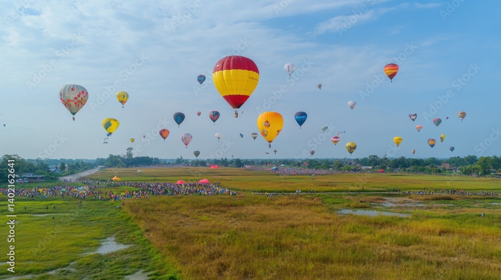 Fototapeta premium Many colorful hot air balloons ascend over a grassy rural landscape