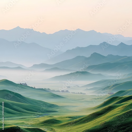 Serene Green Hills  Misty Mountain Landscape  Sunrise Scenery