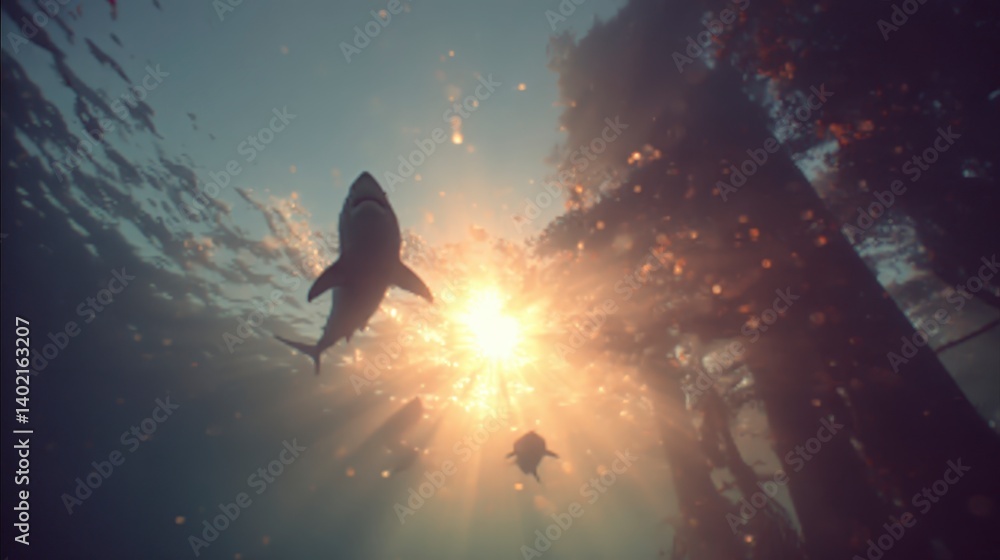 Fototapeta premium Majestic Sharks Sunlit Underwater Scene Ocean Wildlife Marine Life Sunlight Deep Sea