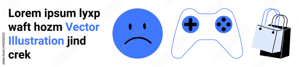 Fototapeta premium Sad face next to a gaming controller and a shopping bag, juxtaposing emotion, entertainment, and retail. Ideal for emotion, gaming, shopping, balance, modern lifestyle stress flat landing page