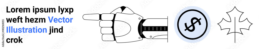 Robotic hand pointing at a currency symbol alongside a maple leaf illustration. Ideal for technology, automation, innovation, finance, robotics, branding, or a simple landing page Robotic hand pointing at a currency symbol alongside a maple leaf illustration. Ideal for technology, automation, innovation, finance, robotics, branding, or a simple landing page