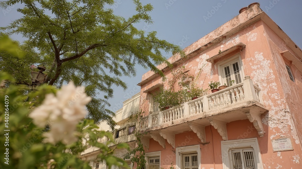 Fototapeta premium Pink Palace Facade Traditional Architecture Old Building Balcony Flowers Tree