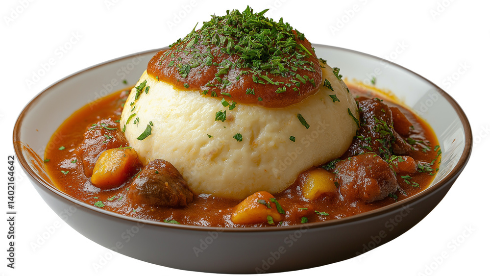 delicious plate of creamy mashed potatoes topped with rich tomato sauce and fresh herbs, surrounded by hearty beef stew with tender chunks of meat and vegetables