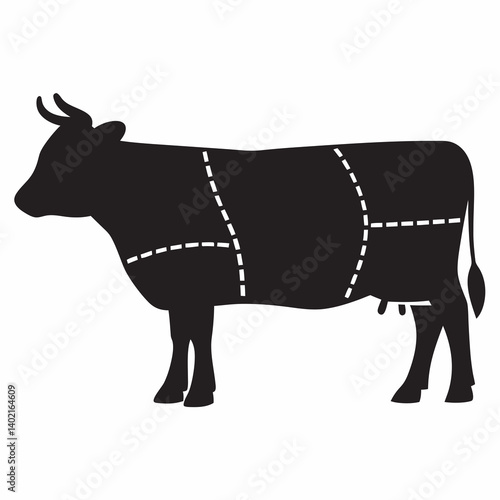 Understanding the cuts of beef: a simple guide showing the primal cuts on a cow's silhouette in black and white.