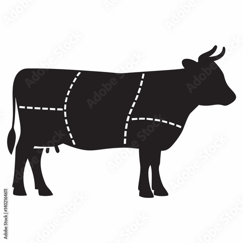 A detailed silhouette of a cow showing primal cuts, a simple yet informative guide to butchery, in stark black and white.