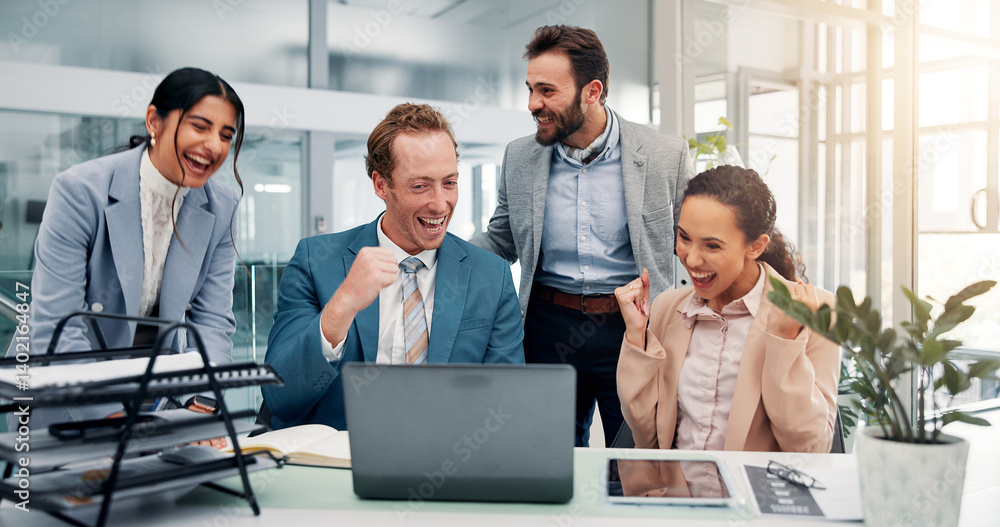 Fist pump, excited and business people on laptop in office with good news, success and victory. Corporate, team and men and women on computer celebrate for feedback, financial growth and investment