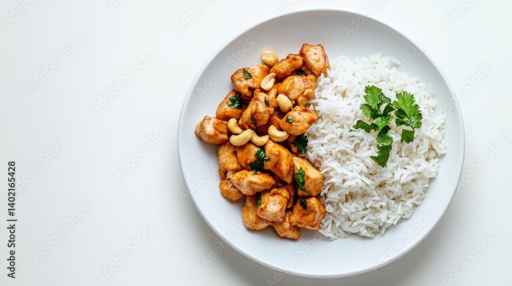 Chicken and cashew with rice, presented on a plate. Chicken and cashew with rice, presented on a plate.