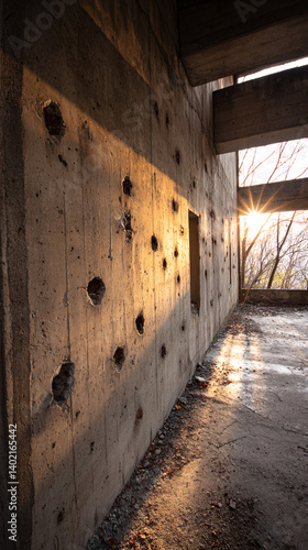 Abandoned Concrete Building with Bullet Holes Sunset Light