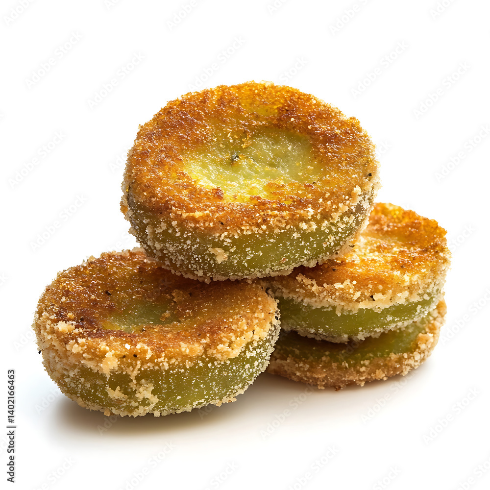 Golden and crispy fried green tomatoes with a crunchy crust and a soft, tart interior, isolated white background Golden and crispy fried green tomatoes with a crunchy crust and a soft, tart interior, isolated white background