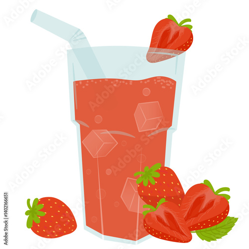 Vector illustration of a refreshing strawberry juice in a glass with ice cubes and a straw, surrounded by fresh strawberries on a white background.