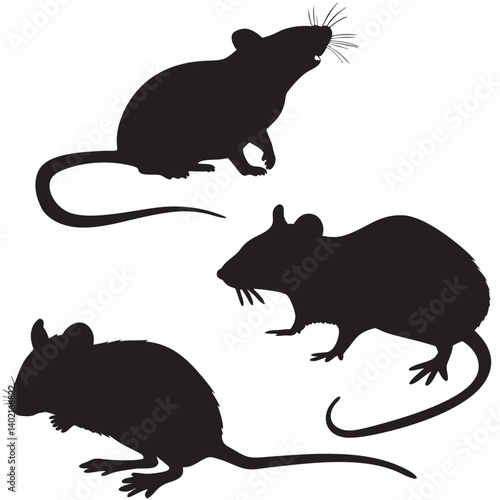 Three inquisitive mice silhouettes exploring a dark, mysterious space, a stark black and white study in simple shapes.