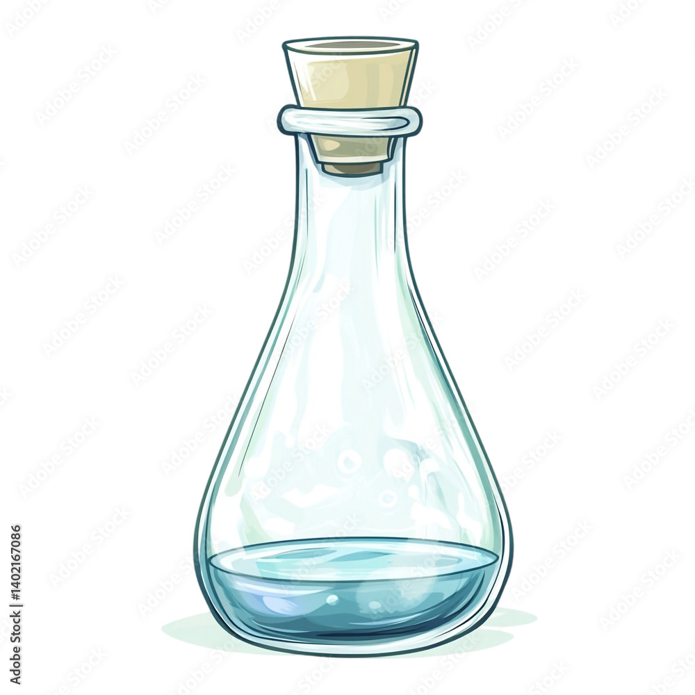 A glass bottle with a cork stopper holds a light blue liquid a magical potion perhaps A glass bottle with a cork stopper holds a light blue liquid a magical potion perhaps