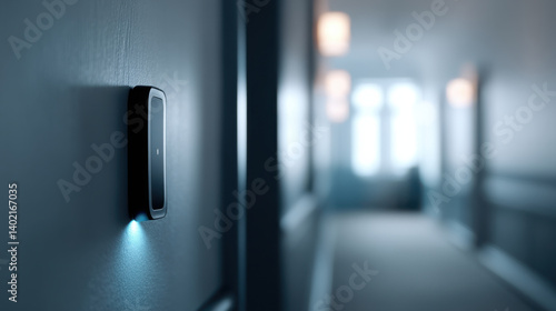 Wallpaper Mural sleek smart door sensor with blue light is mounted on wall in modern hallway Torontodigital.ca