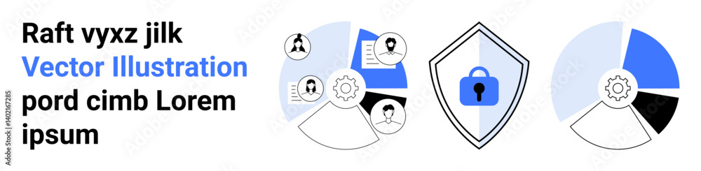 Shield with padlock, pie charts, user profiles, gear, and documents emphasizing data security, analysis, and privacy. Ideal for cybersecurity, team management privacy policy data analytics Shield with padlock, pie charts, user profiles, gear, and documents emphasizing data security, analysis, and privacy. Ideal for cybersecurity, team management privacy policy data analytics