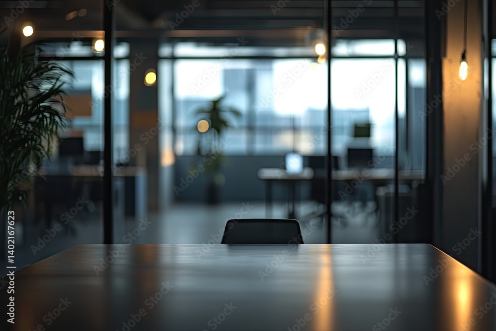 A lone chair sits at a wooden desk in a modern, well-lit office A lone chair sits at a wooden desk in a modern, well-lit office