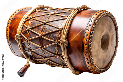 Traditional ethnic drums used for music and rhythm with wooden bodies and leather tops isolated on white background . Traditional drum illustration on white