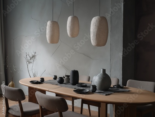 Japandi dining area with oval oak table and linen chairs, handcrafted pottery on textured grey walls with subtle cracks, soft pendant lighting for hospitality interior design concepts.