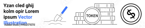 Tools digging ground, token coins stack, and finance icon representing cryptocurrency, blockchain, digital assets, growth, investments, decentralized finance, and abstract line flat metaphor