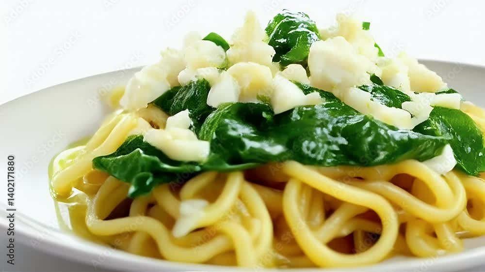 Close Up of Yellow Pasta with Spinach and Cheese on White Plate Close Up of Yellow Pasta with Spinach and Cheese on White Plate