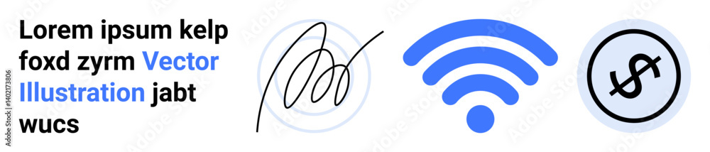 Hand-drawn signature, blue wireless signal, and currency icon in circle. Ideal for technology, connectivity, authentication, finance, modern communication, contracts simple landing page Hand-drawn signature, blue wireless signal, and currency icon in circle. Ideal for technology, connectivity, authentication, finance, modern communication, contracts simple landing page
