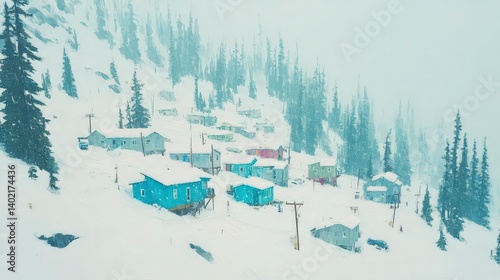 Wallpaper Mural Snowy Mountain Village  Winter Landscape Painting  Houses  Trees  Snowfall Torontodigital.ca