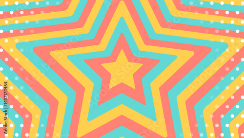同心状の星とドットのパターン背景、ポップなデザイン、装飾的な放射型図形