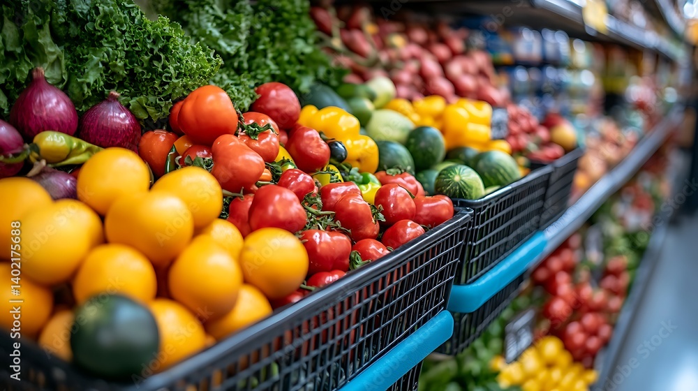 Shopping Cart with Fresh Produce in Grocery Aisle, A shopping cart filled with fresh fruits and vegetables in a grocery store aisle Shopping Cart with Fresh Produce in Grocery Aisle, A shopping cart filled with fresh fruits and vegetables in a grocery store aisle