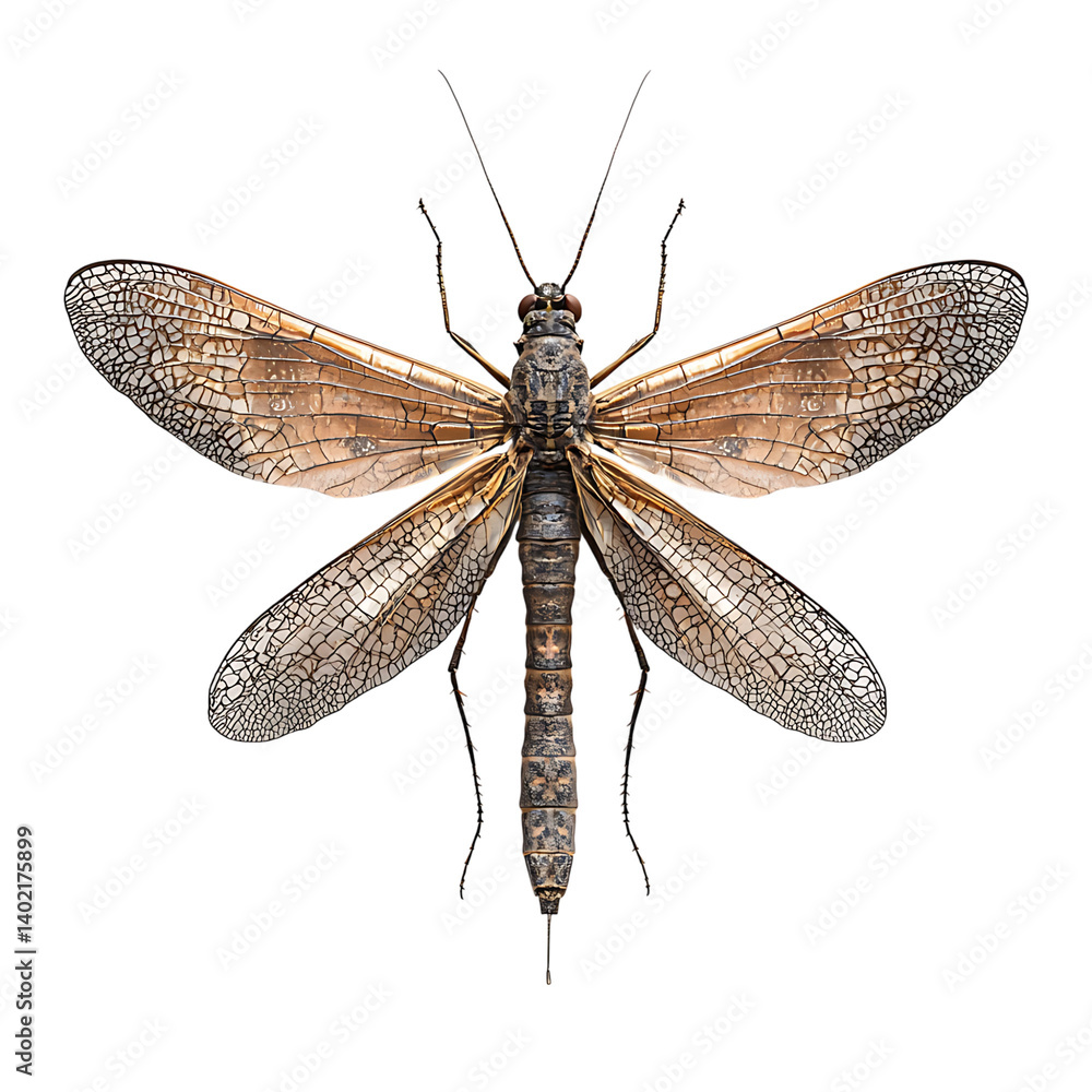 A detailed dobsonfly with translucent veined wings fully extended and segmented body displayed clearly, isolated on a transparent background in a symmetrical top view