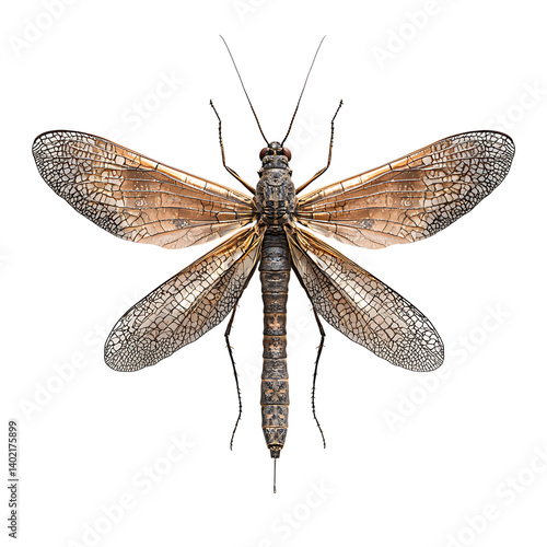 Obraz na płótnie A detailed dobsonfly with translucent veined wings fully extended and segmented body displayed clearly, isolated on a transparent background in a symmetrical top view w salonie