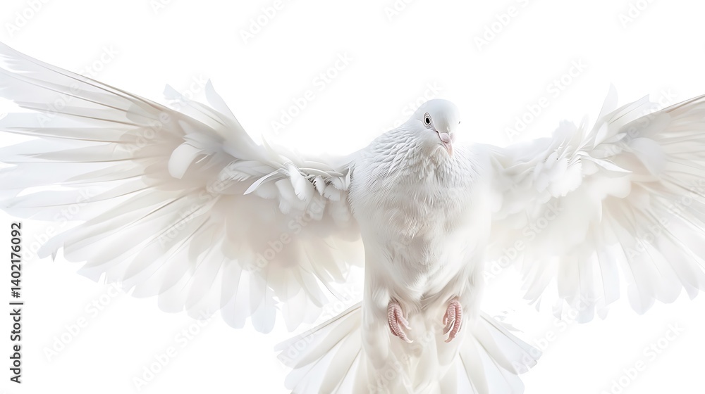 Fototapeta premium Dove of Peace: A Pure White Dove in Mid-Flight, Wings Fully Extended Against a Bright White Background, Symbolizing Freedom, Hope, and Tranquility